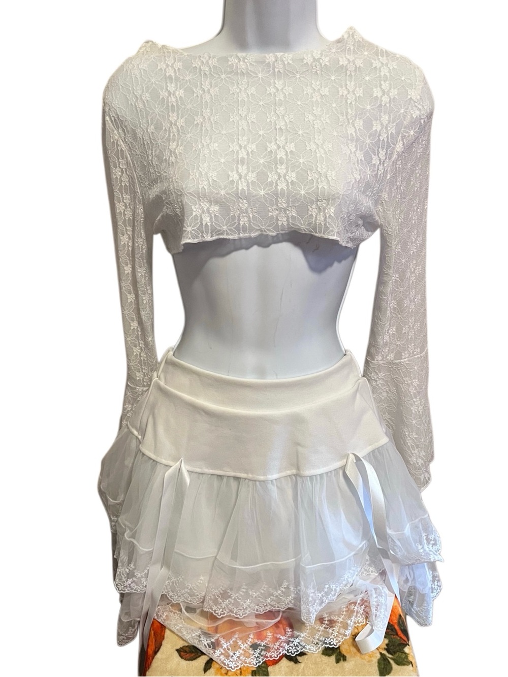 White Lace Tiered Mini Skirt & Top - Women's Set